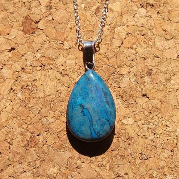 Blue Ocean Jasper Teardrop Stone Sterling Silver Necklace - Picture 2 of 5